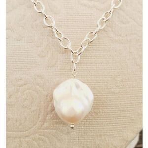 Classic Freshwater Baroque Pearl  Necklace with Silver Tone Chain Adjusts Size